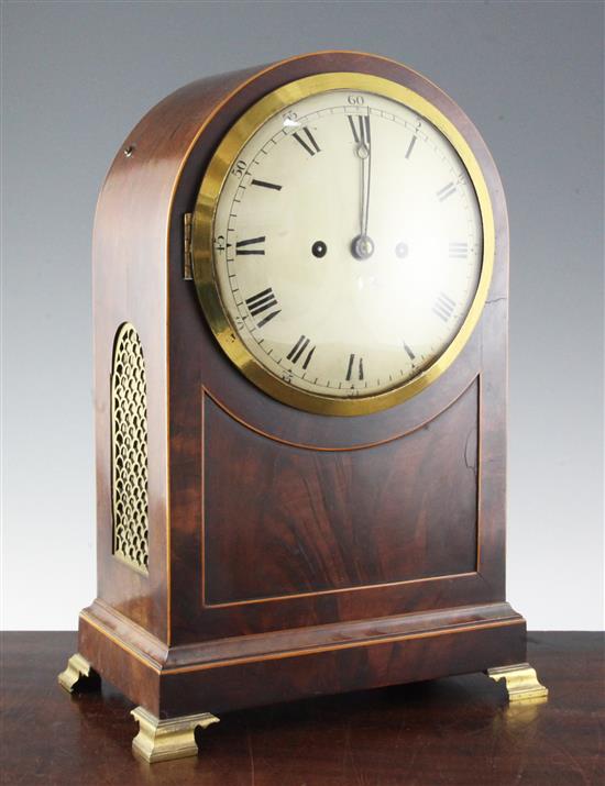 A Regency boxwood strung mahogany mantel clock, 17.25in.